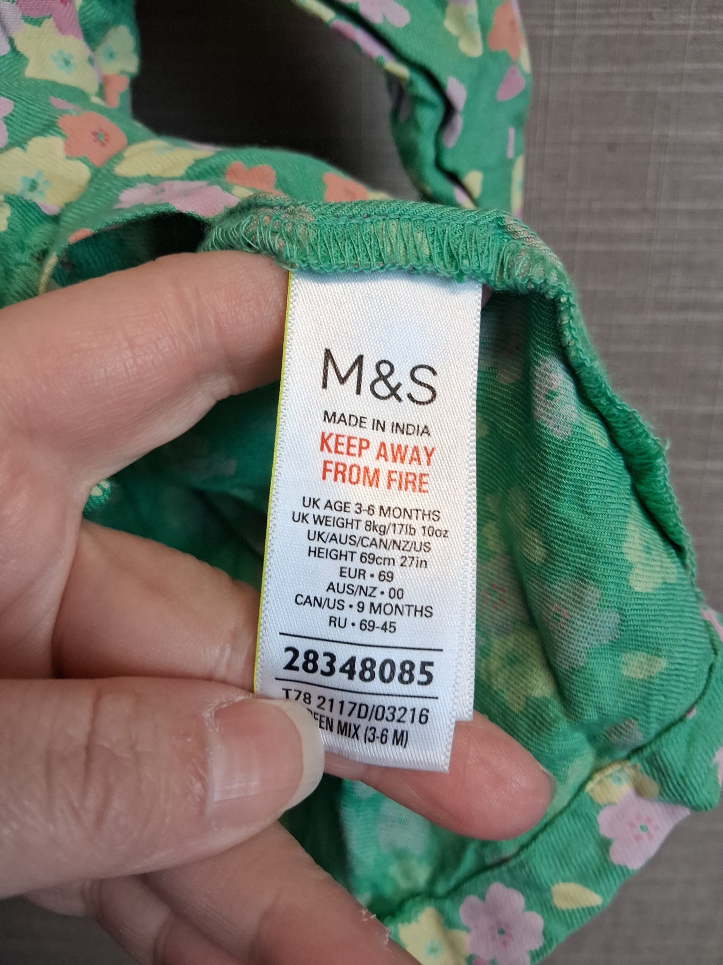 Marks and Spencer Girls Green Floral Dress Age 3-6 Months
