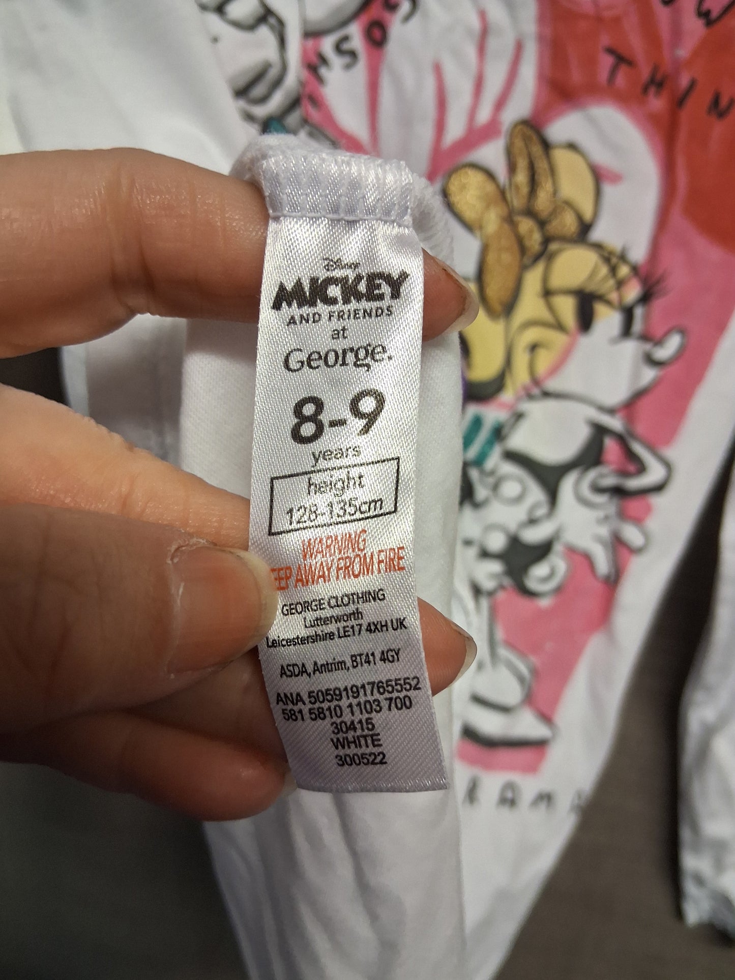 George Disney Minnie Mouse Graphic Print on Back White Long Sleeve T-Shirt Age 8-9 Years