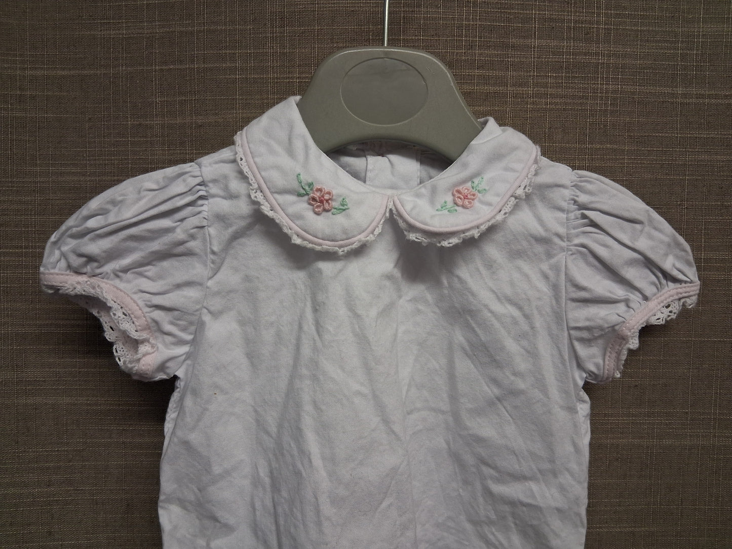 Pretty Originals Girls Traditional Button Back Blouse Embroidered Floral Collar White Short Sleeve Age 3 Months