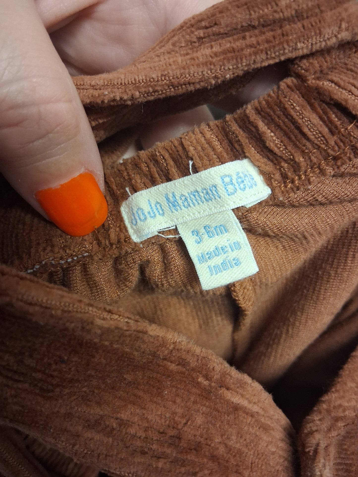 JoJo Maman Bebe Brown Velour Corduroy Dungarees Embroidered Animal Pockets Age 3-6 Months