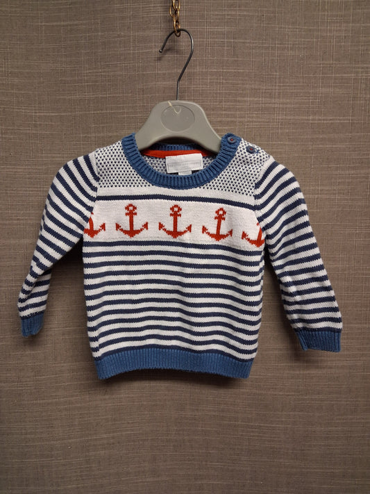 The Little White Company Nautical Theme Crew Neck Knitted Sweater Blue White Age 6-9 Months