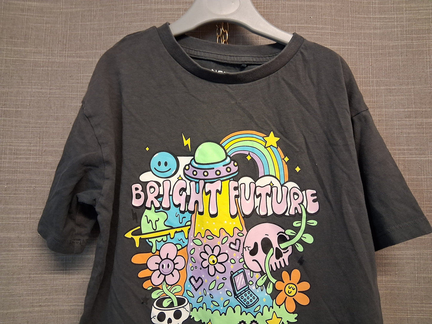 Next Girls Grey Loose Fit T-Shirt Short Sleeve Graphic Print Age 5 Years