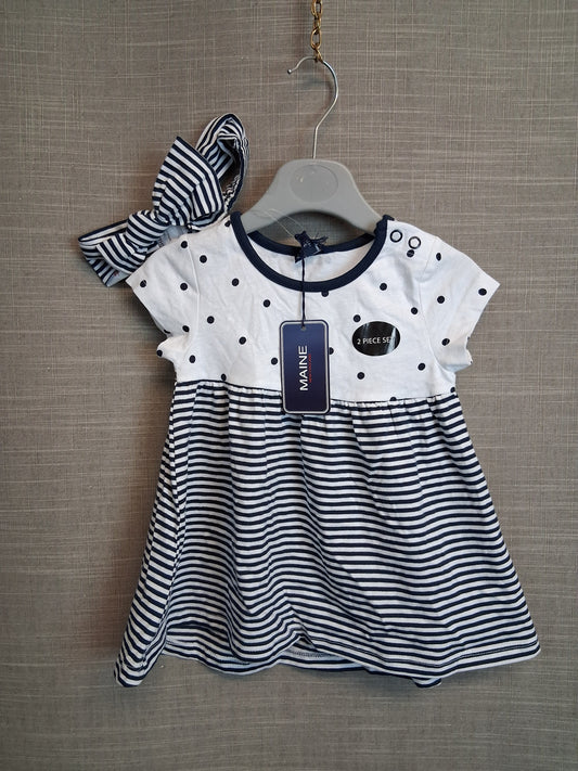 Maine Debenhams Girls Jersey Dress with Matching headband Blue White Age 3-6 Months New