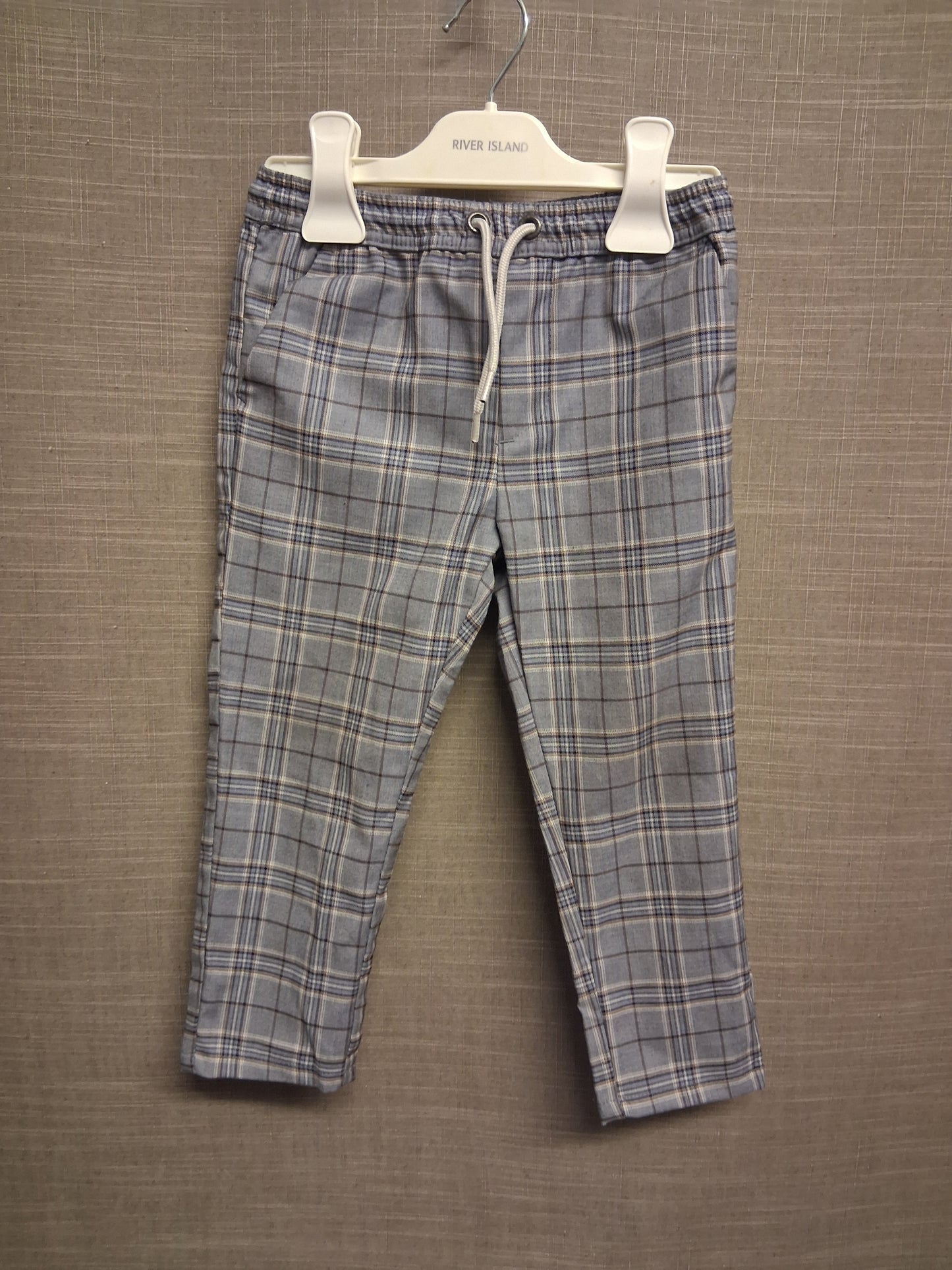 Next Boys Grey Blue Check Jogger Trousers Age 2-3 Years Elastic Waist