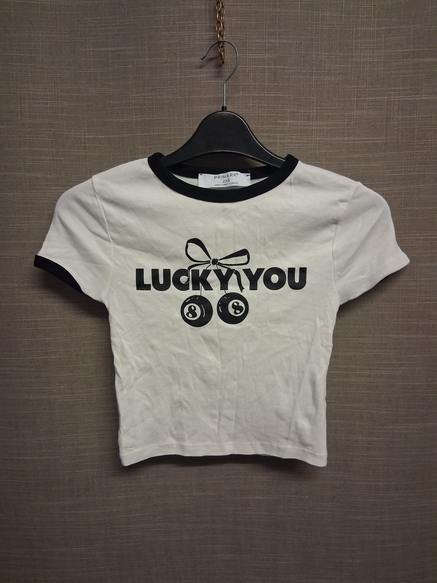 Primark Girls Ladies White Short Sleeve Crop T-Shirt "Lucky You" Size 2XS