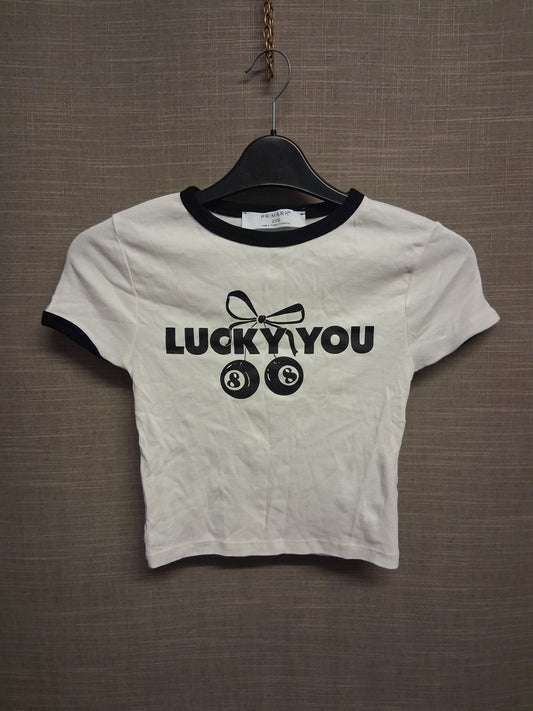 Primark Girls Ladies White Short Sleeve Crop T-Shirt "Lucky You" Size 2XS