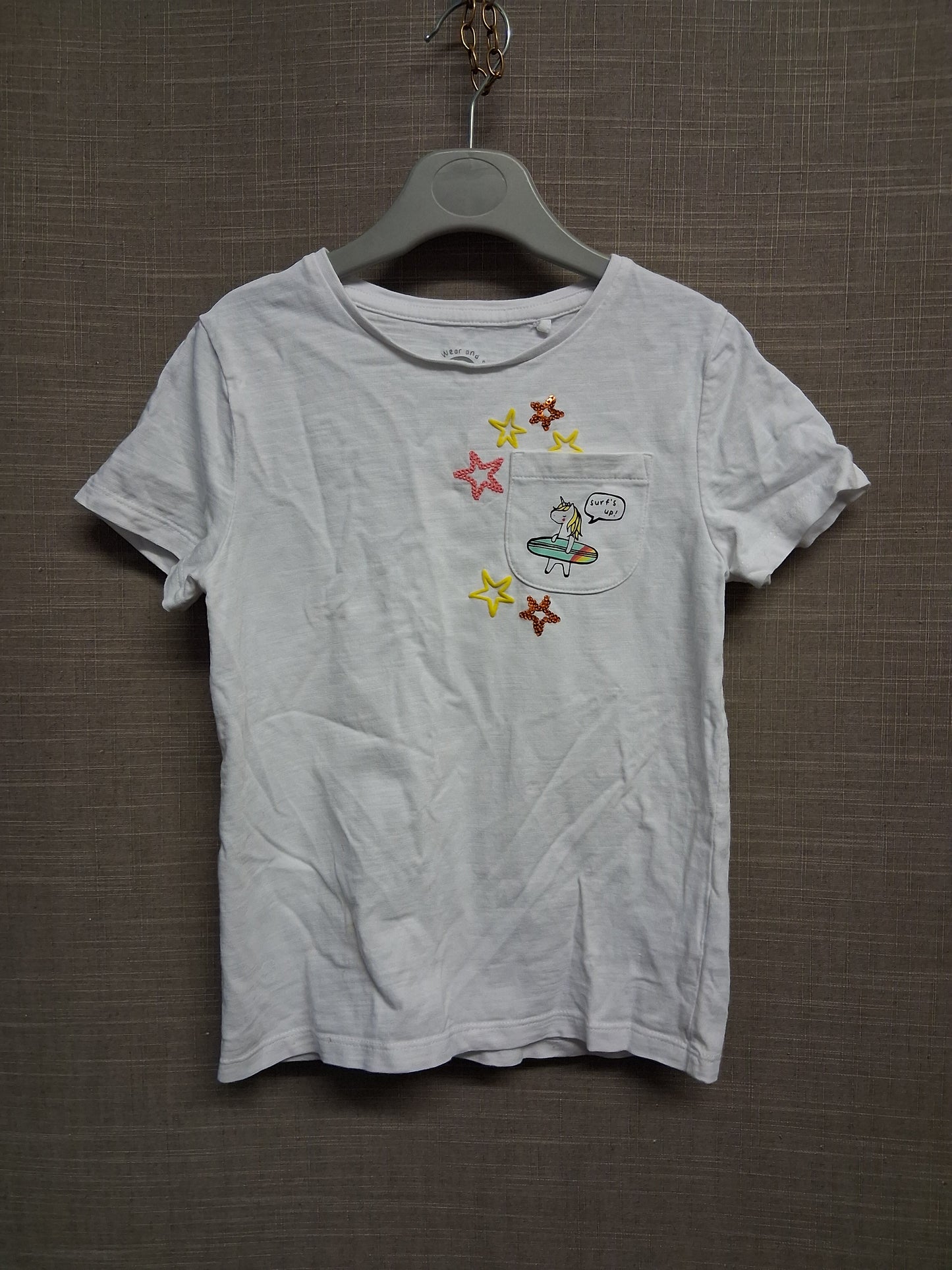 F&F Girls White Short Sleeve T-Shirt Unicorn Theme Age 5-6 Years