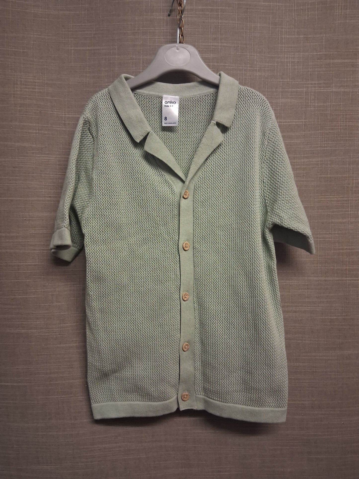 Anko Boys Sage Green Short Sleeve Crochet Shirt V Neck Age 8-9 Years