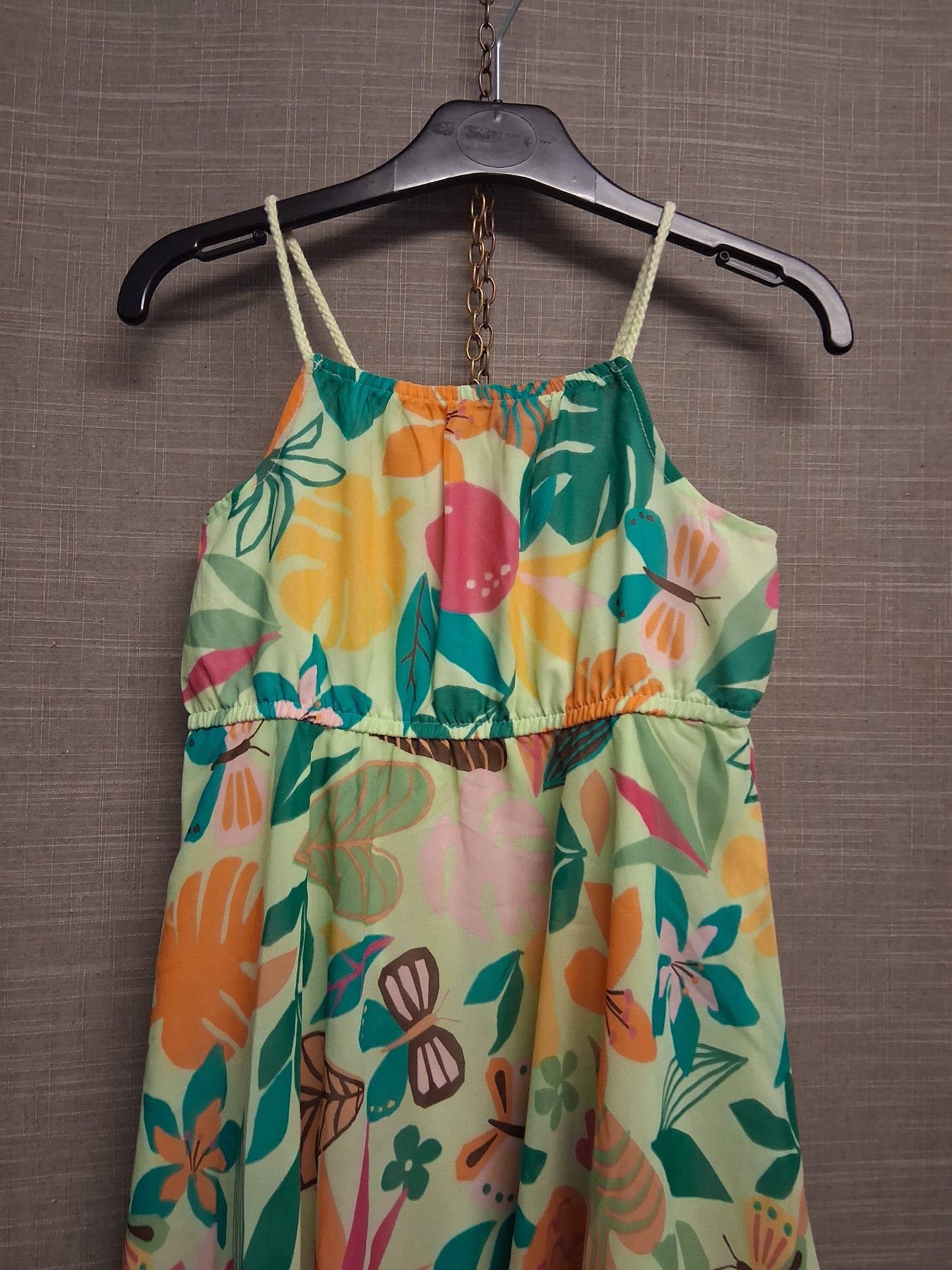 H&M Green Floral A Line Long Dress Strappy Lined Age 6-7 Years
