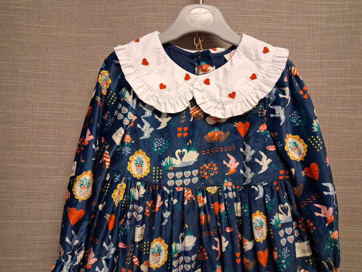 Cath Kids Cath Kidston Velour Long Sleeve Blue Dress Age 2-3 Years Peter Pan Collar Cute Print