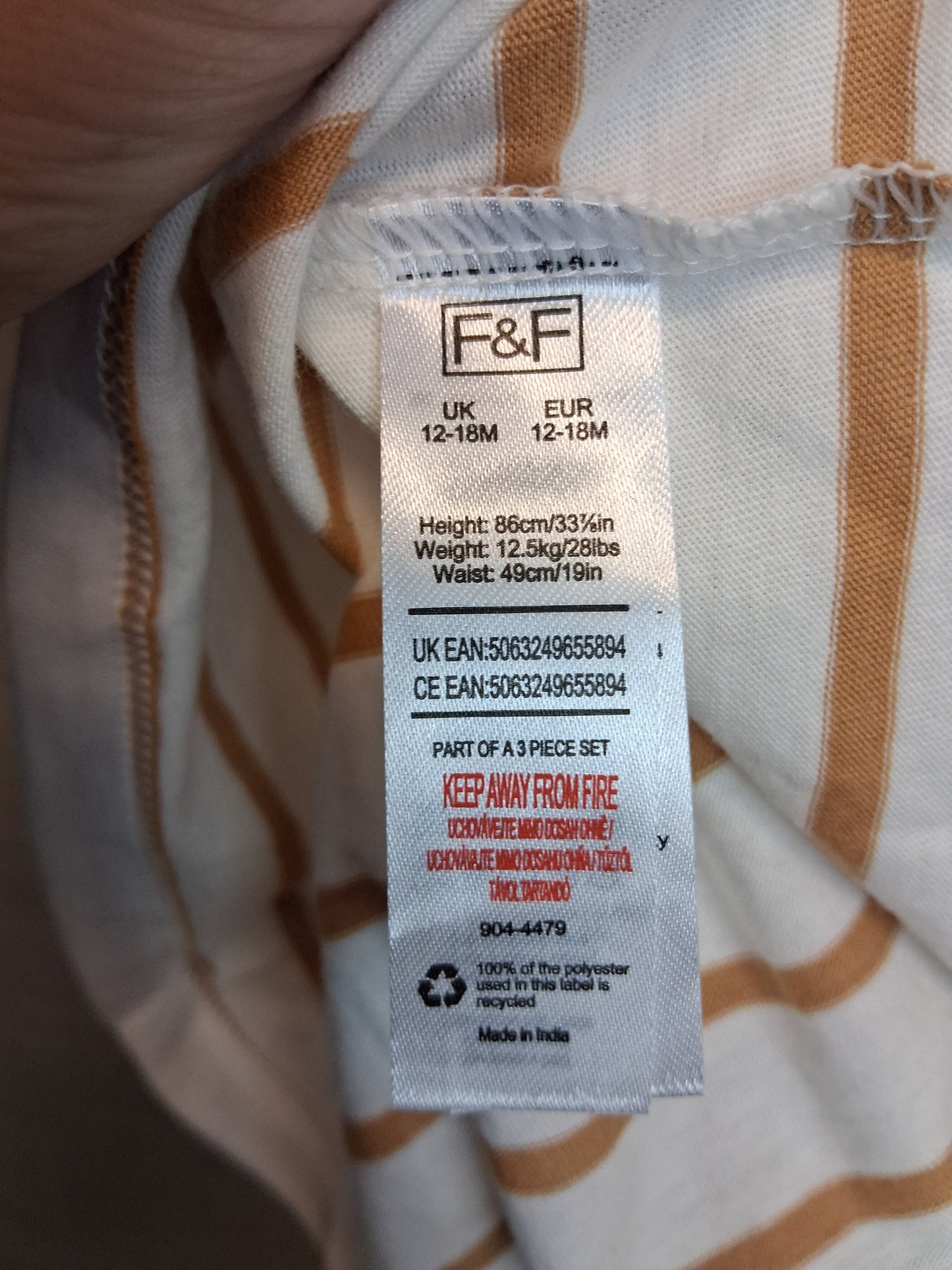 F&F 3 Pack T-Shirt Jersey Age 12-18 Months Khaki Green and Orange White