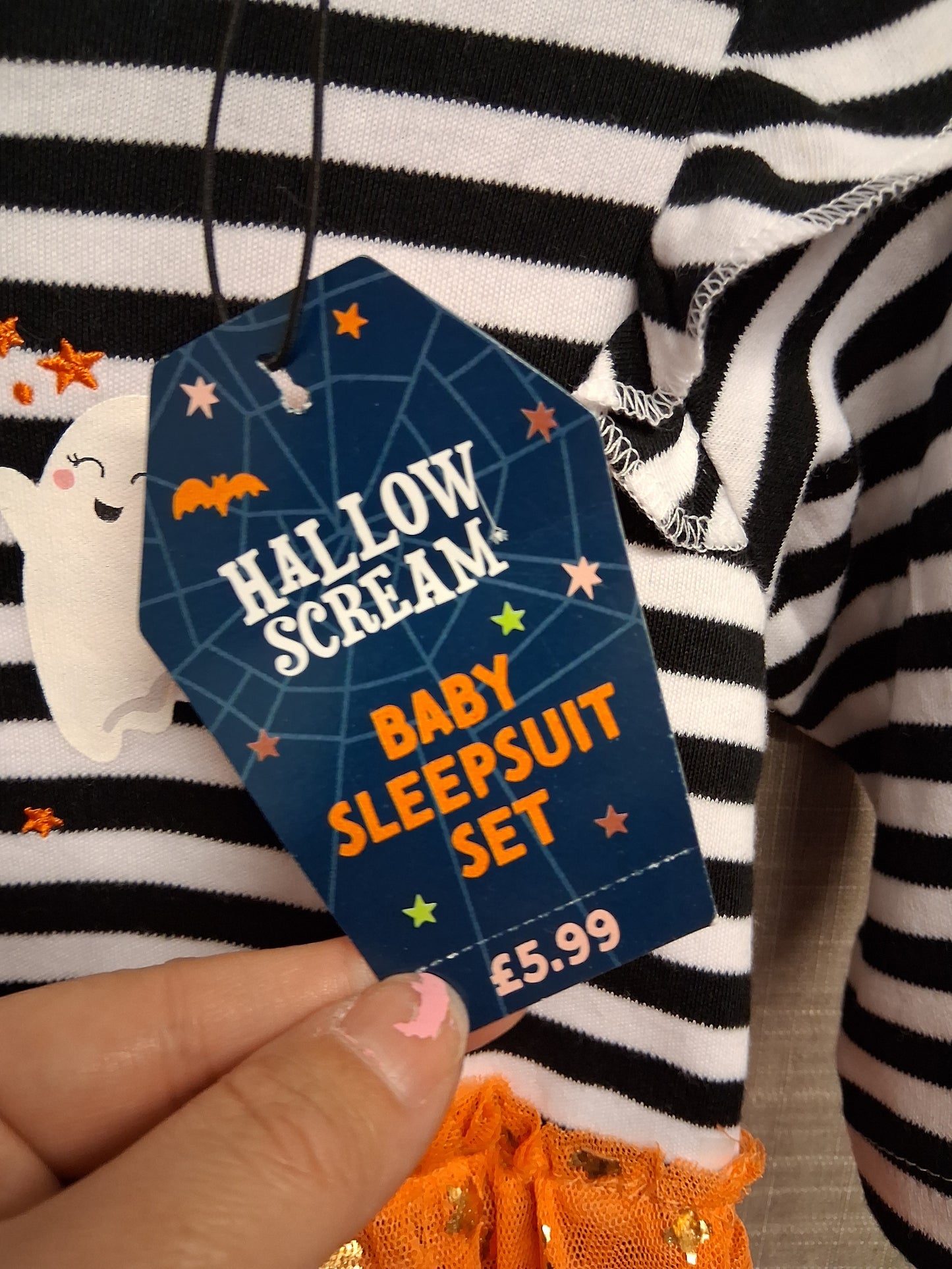 Hallowscream Girls Sleepsuit Halloween Black White Striped Age 0-3 Months New