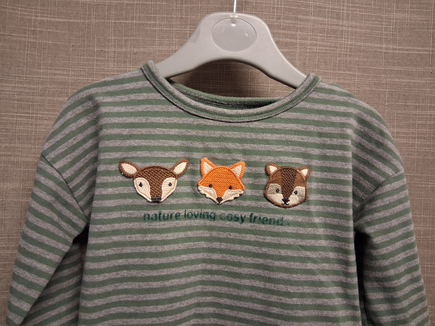 Next Boys Green Grey Striped Long Sleeve T-Shirt Woodland Animals 100% Cotton Age 12-18 Months