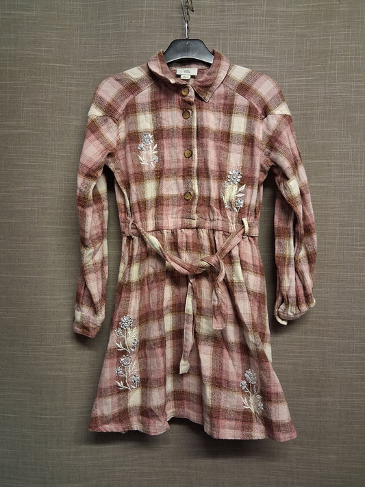 River Island Girls Pink Check Long Sleeve Shirt Dress Embroidered Floral Age 10 Years