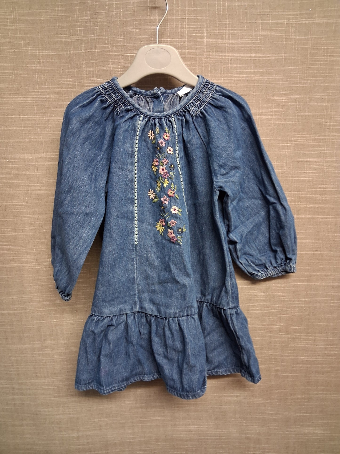 Marks & Spencer Girls Blue Denim Dress Age 2-3 Years Embroidered Floral Detail