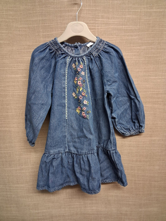Marks & Spencer Girls Blue Denim Dress Age 2-3 Years Embroidered Floral Detail