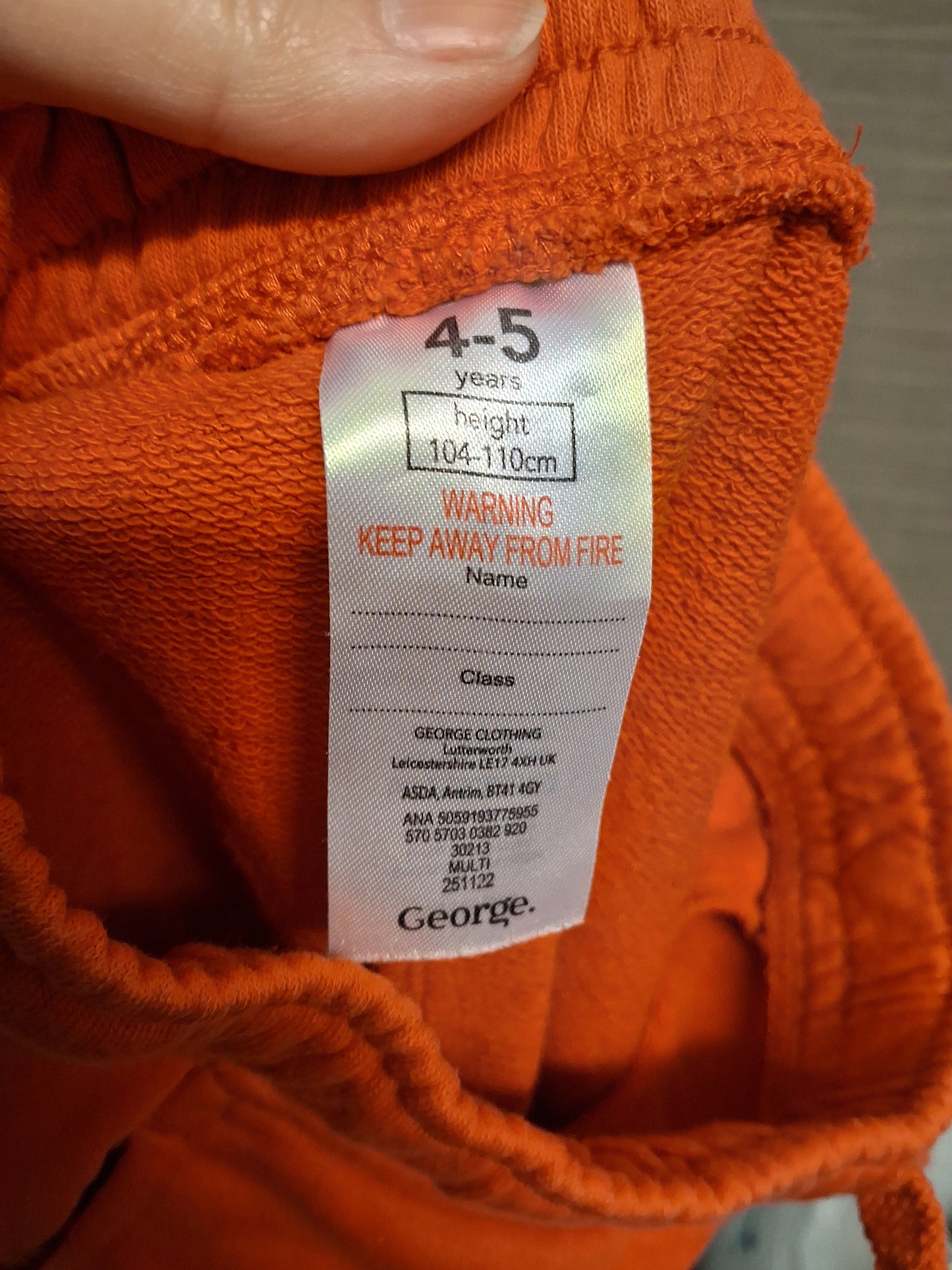 George Orange Jersey Shorts Age 4-5 Years