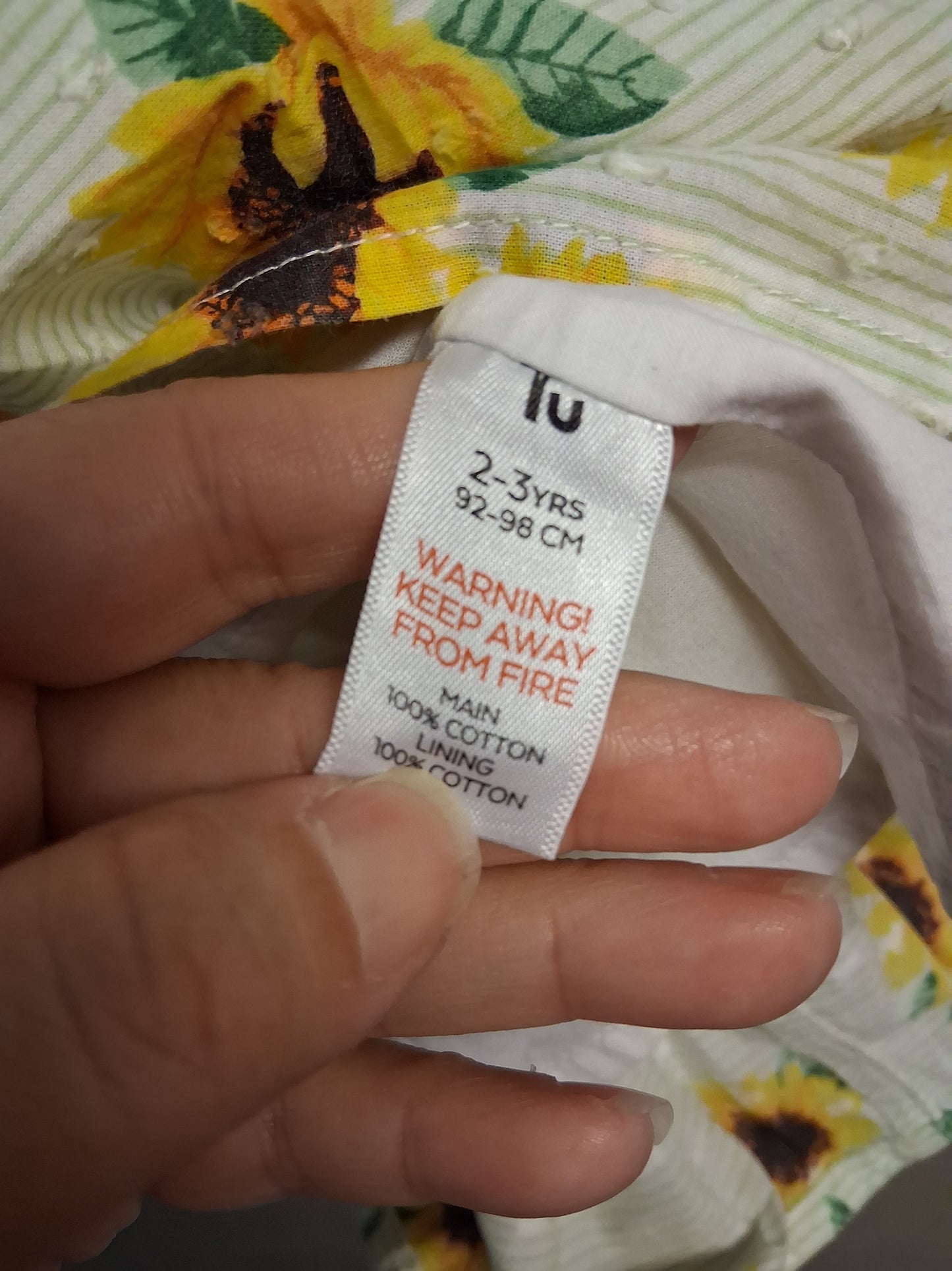 TU Girls Sunflower Print A Line Sleeveless Dress Age 2-3 Years