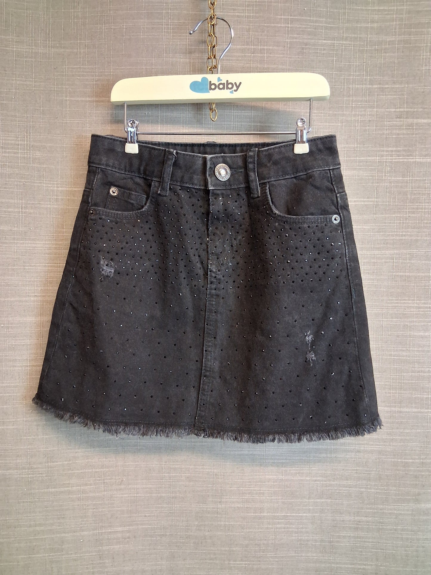 River Island Black Denim A Line Skirt Distressed Diamanté Trim Age 7-8 Years