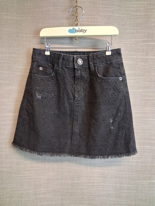 River Island Black Denim A Line Skirt Distressed Diamanté Trim Age 7-8 Years