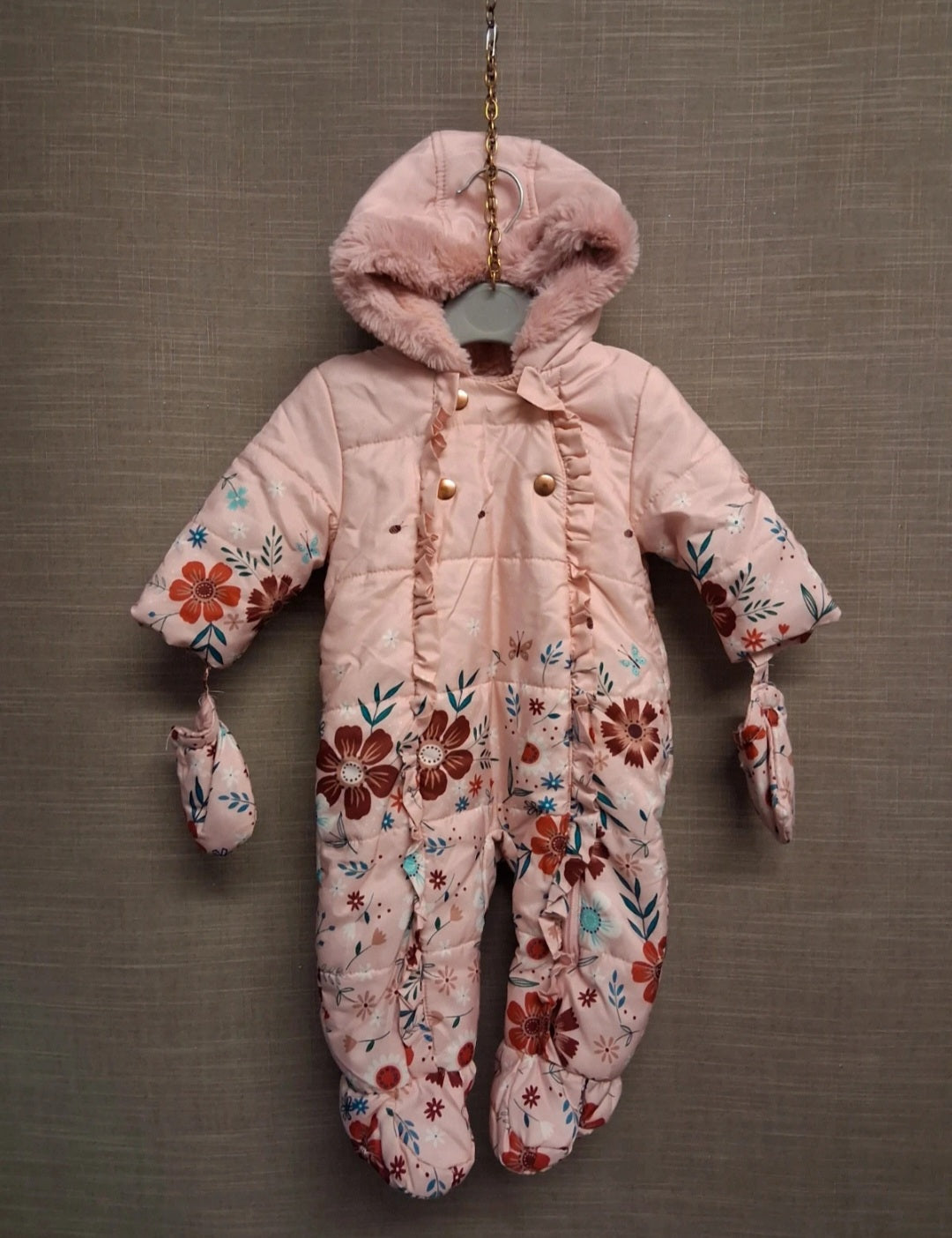 George Girls Pink Floral Padded Snowsuit Showerproof Age 3-6 Months With Mitts - Marked