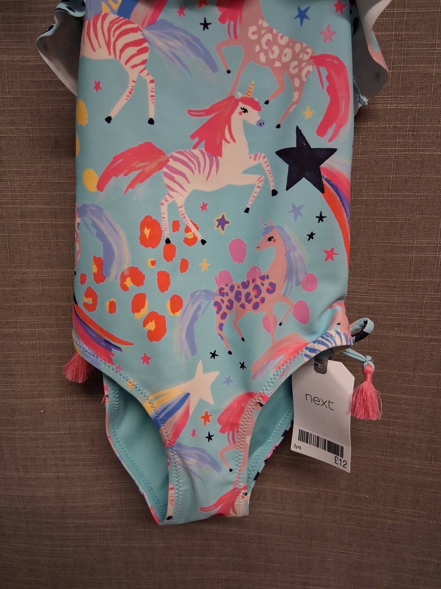 Next Girls Blue Pink Flamingo Tassle One Piece Swimsuit Age 3 Years
