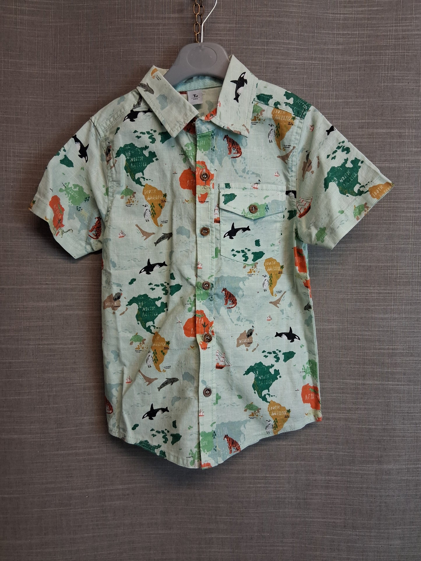TU Boys Short Sleeve Shirt Green Map of the World Age 5-6 Years