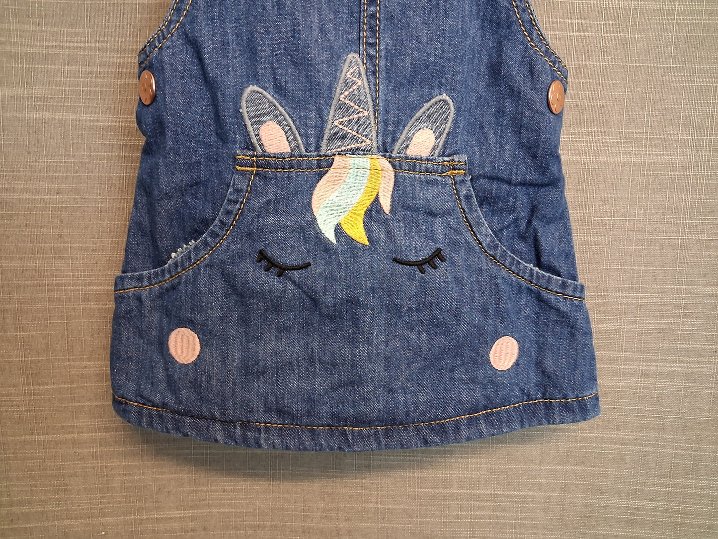 F&F Girls Denim Pinafore Dress Unicorn Theme Age 6-9 Months