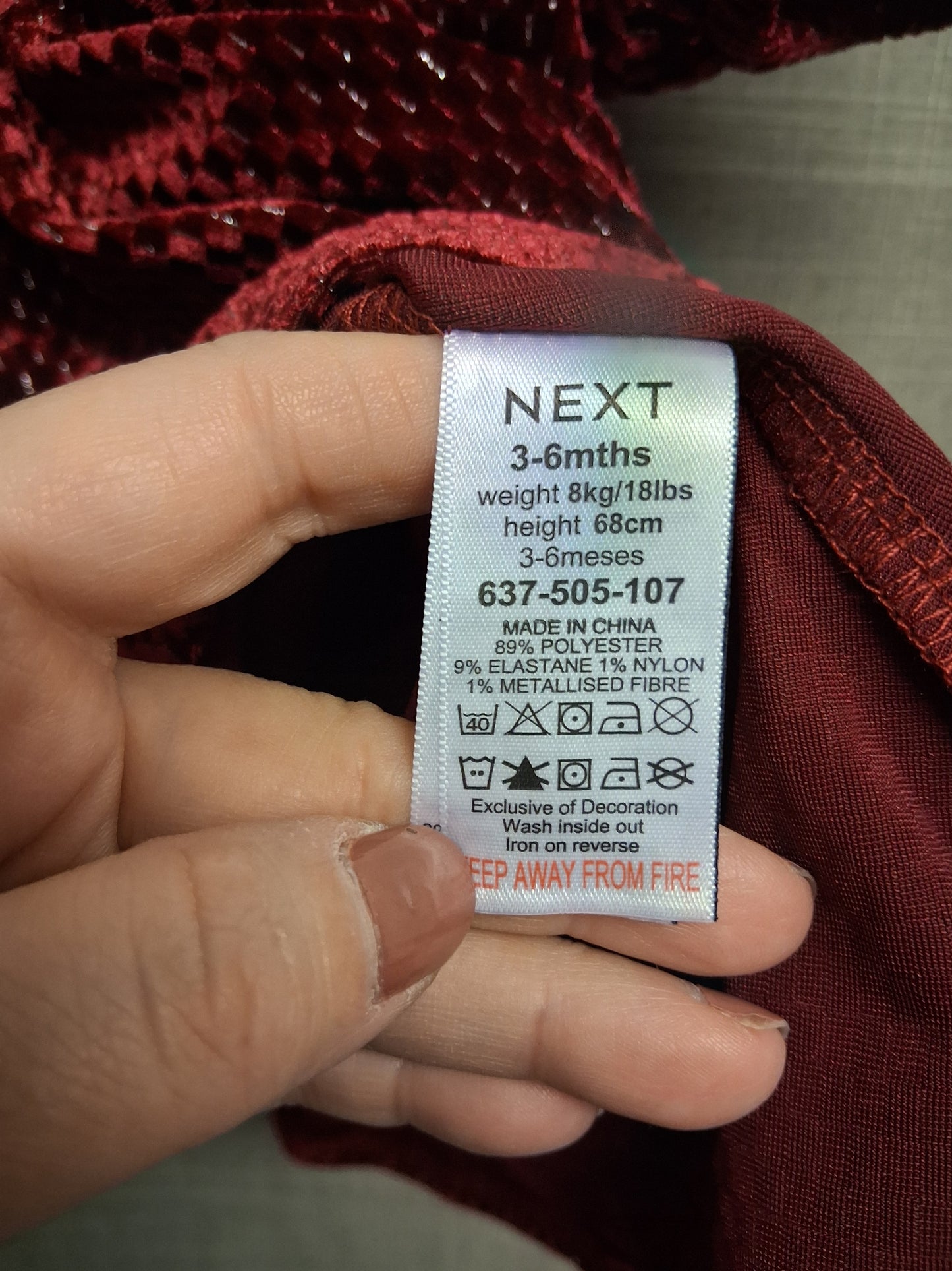 Next Girls Red Velour Dress Short Sleeve Gold Fleck Age 3-6 Months