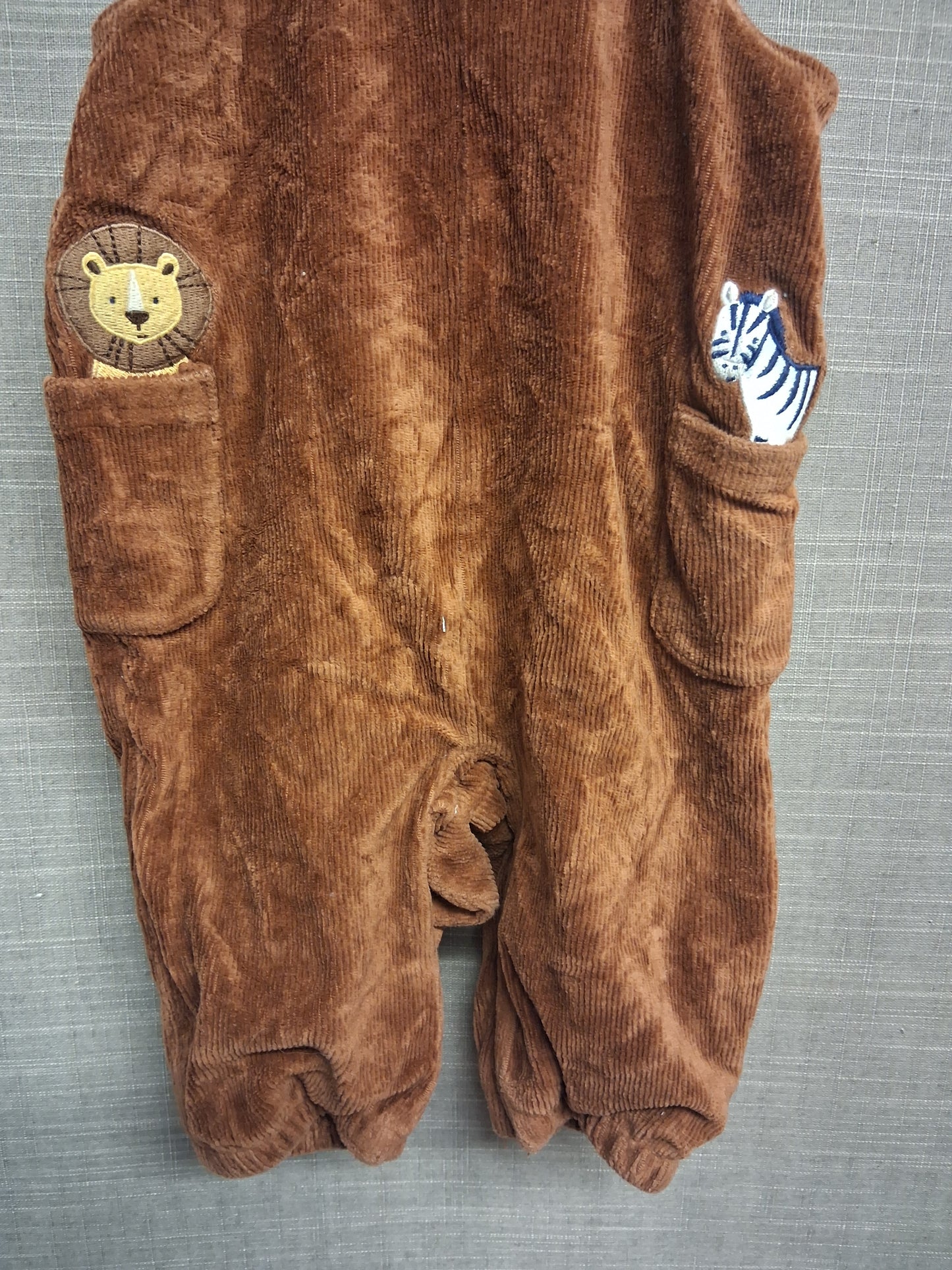 JoJo Maman Bebe Brown Velour Corduroy Dungarees Embroidered Animal Pockets Age 3-6 Months