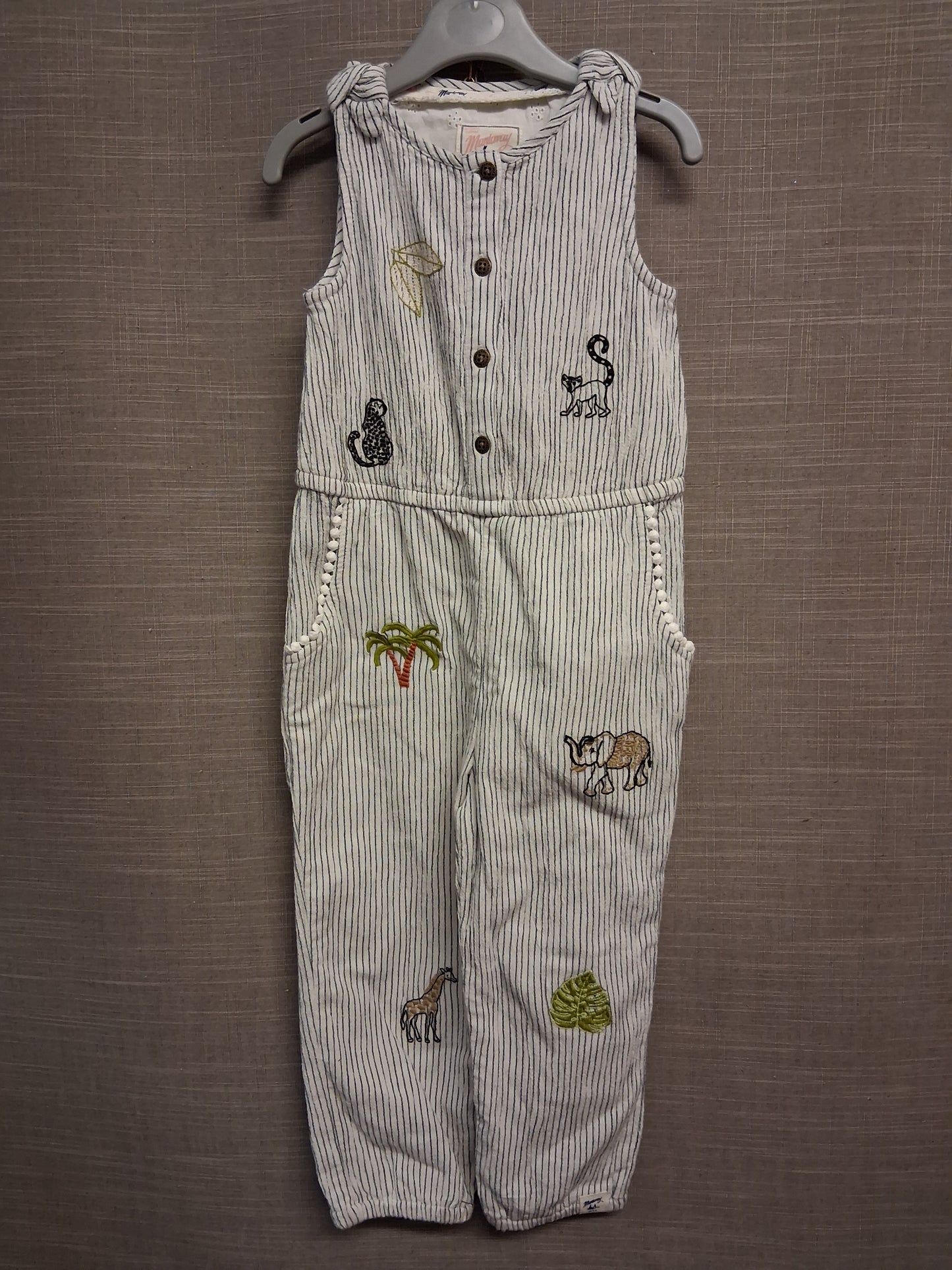 Mantaray Girls Sleeveless Romper Embroidered Animals Grey White Striped Age 3-4 Years New