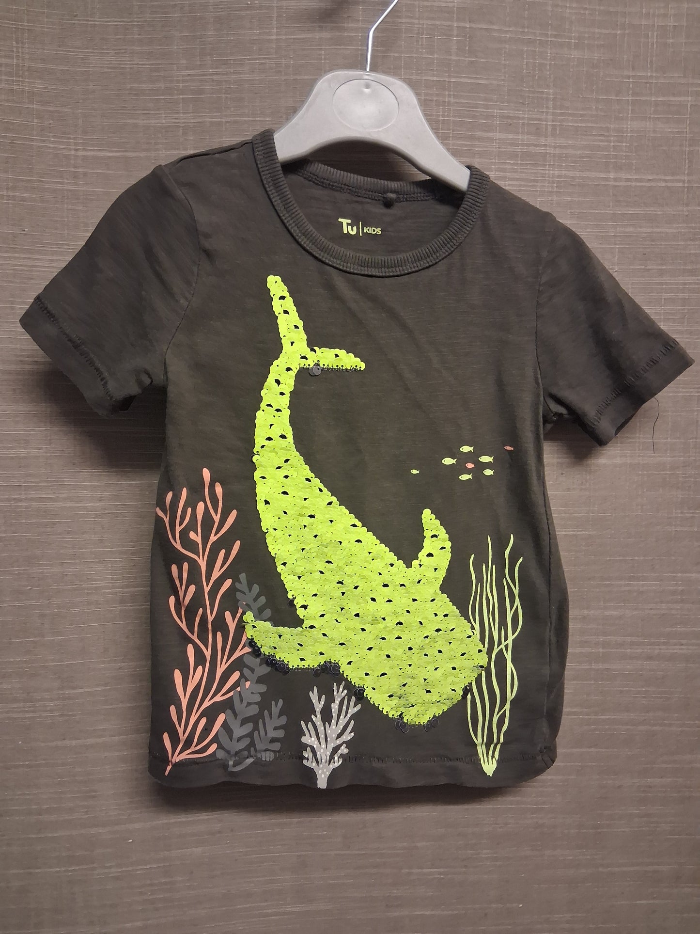 TU T-Shirt Boys Grey Shark 2 way Sequin Age 12-18 Months