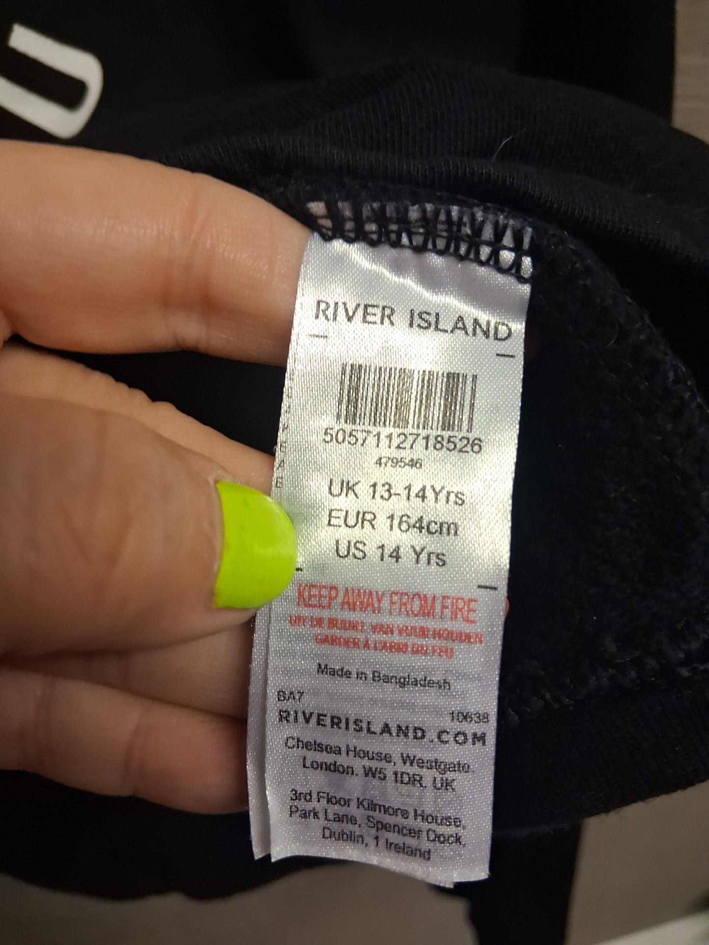 River Island Girls Black Cropped Sweater Age 13-14 Years