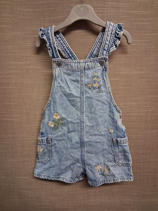 Next Girls Denim Dungaree Shorts Blue with embroidered floral detail Age 3-4 Years