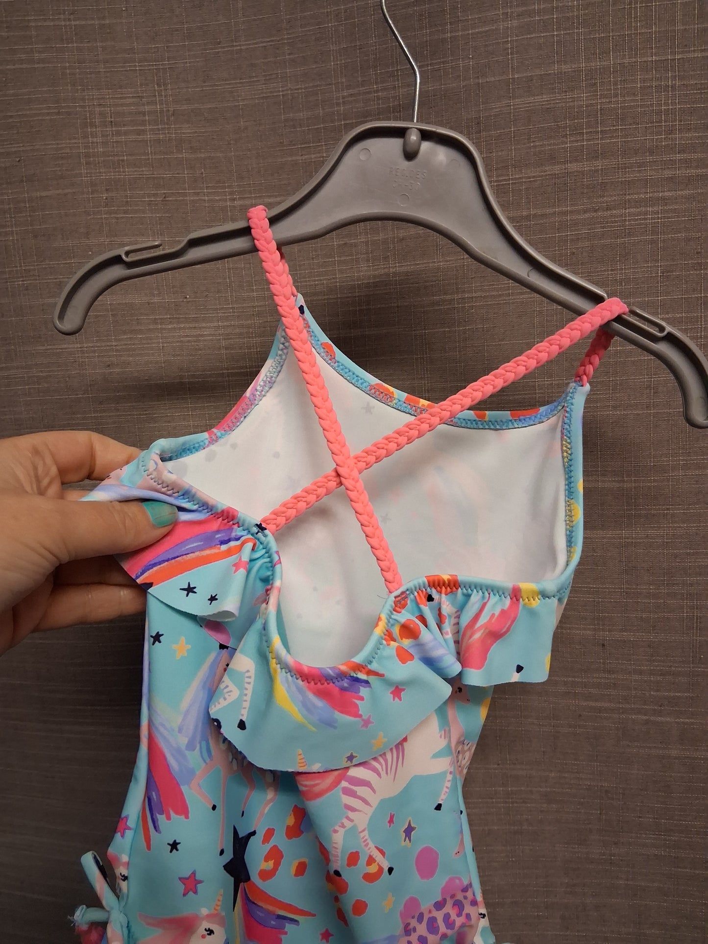 Next Girls Blue Pink Flamingo Tassle One Piece Swimsuit Age 3 Years