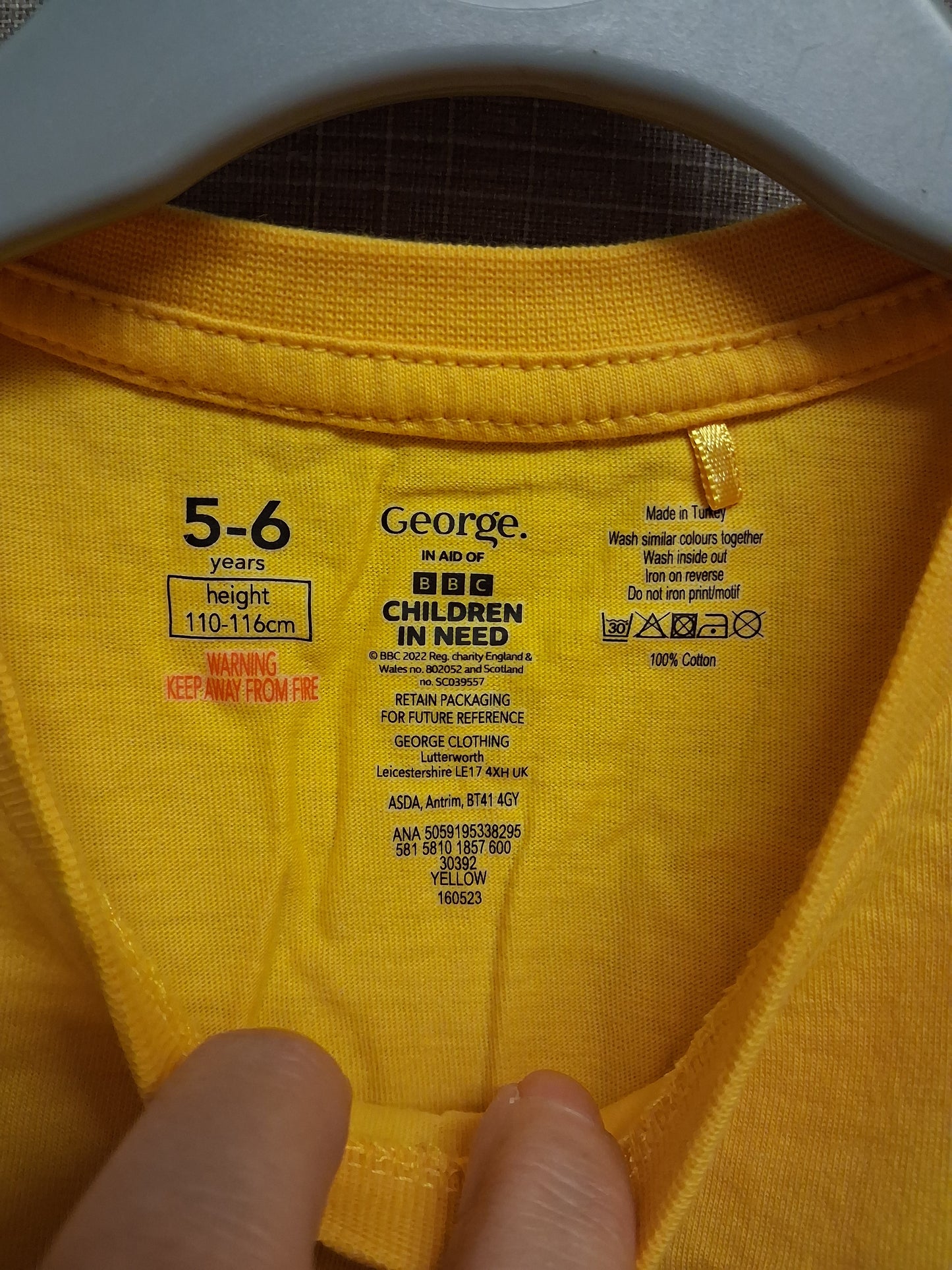 George "Pudsey" Children in Need T-Shirt Yellow Age 5-6 Years