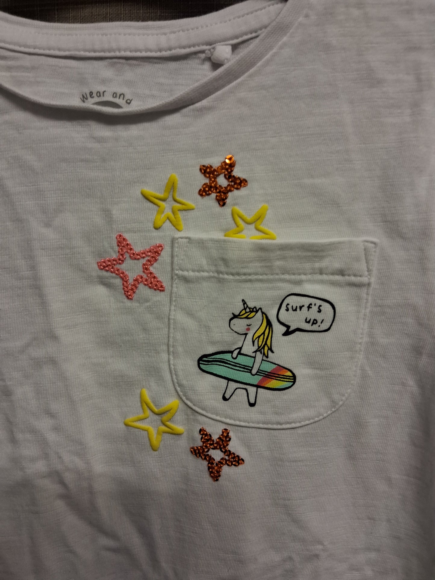 F&F Girls White Short Sleeve T-Shirt Unicorn Theme Age 5-6 Years