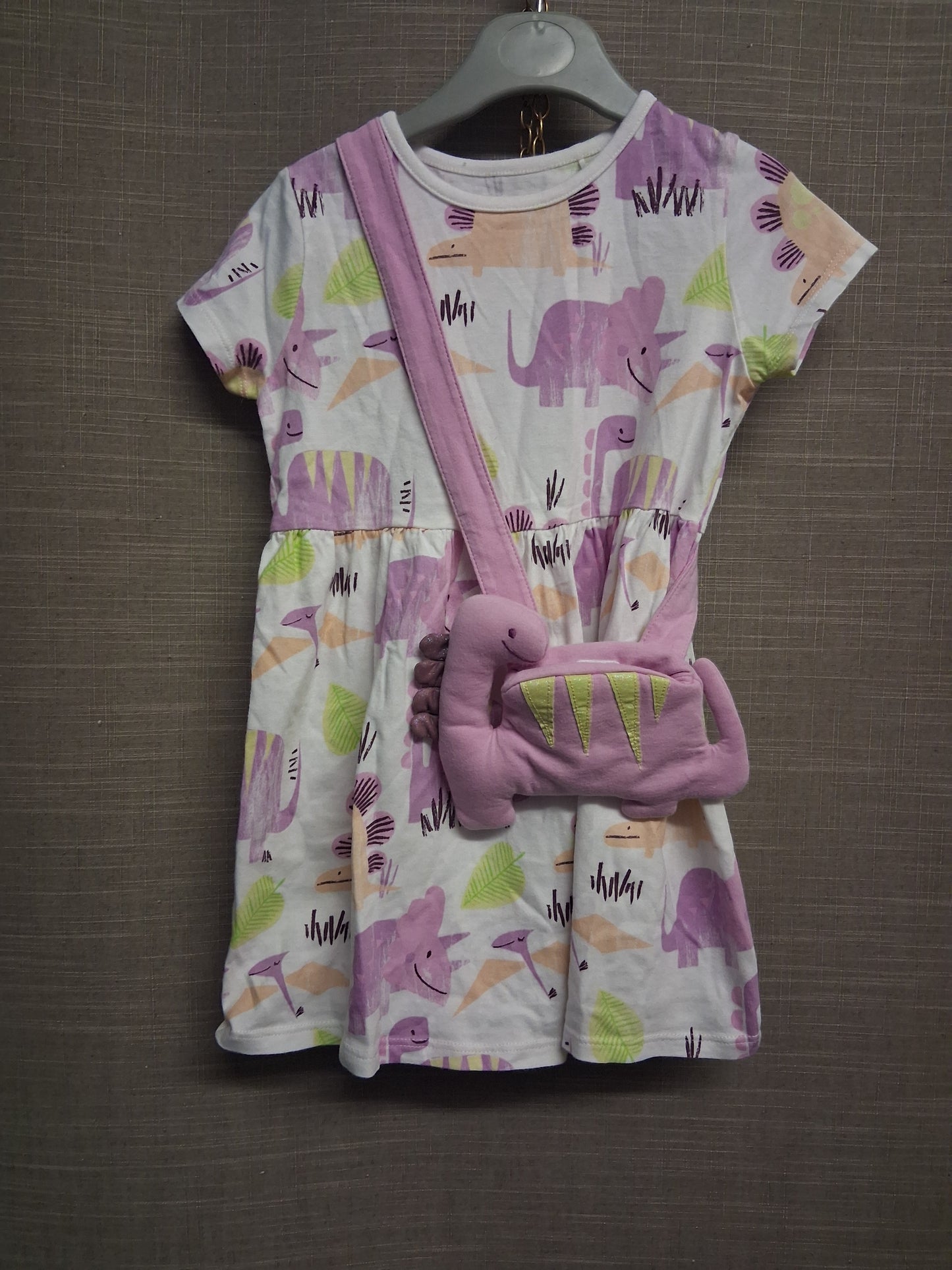 George Girls Lilac White Dinosaur T-Shirt Dress Short Sleeve with Matching Dinosaur Bag Age 2-3 Years
