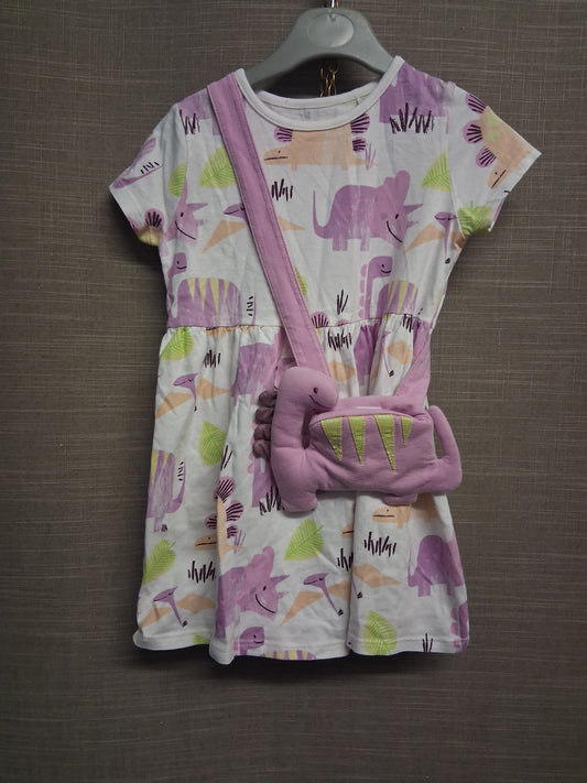 George Girls Lilac White Dinosaur T-Shirt Dress Short Sleeve with Matching Dinosaur Bag Age 2-3 Years
