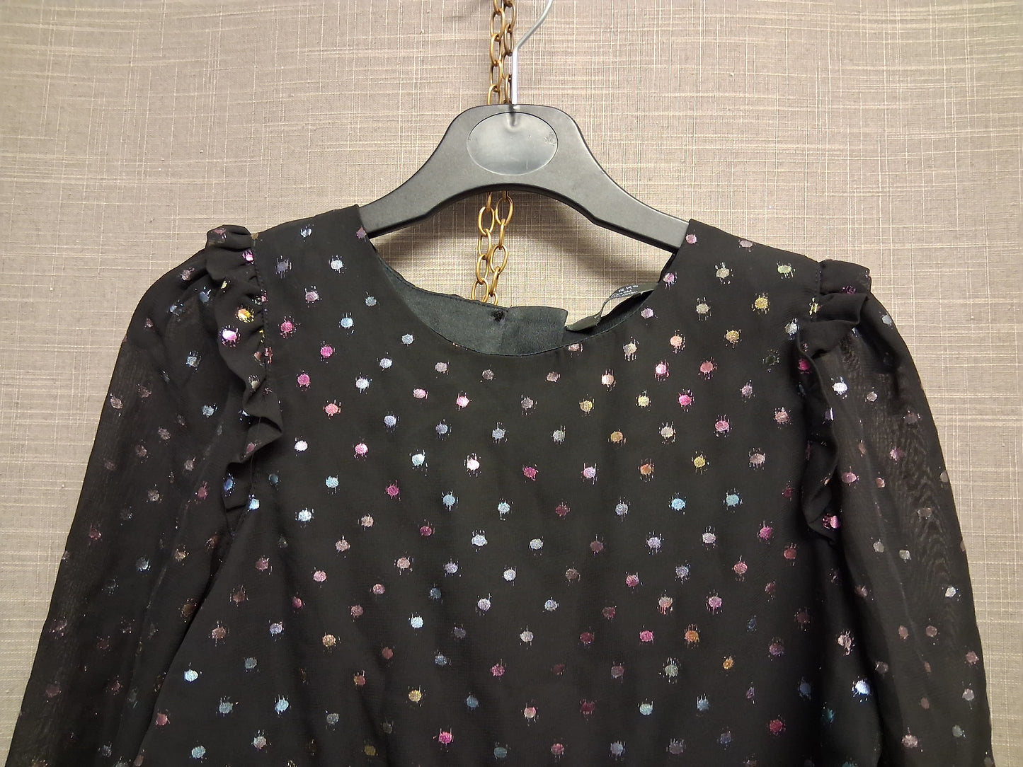 Primark Girls Black Metallic Multicolour Spotty Sheer Long Sleeve Peplum Blouse Top Age 8-9 Years