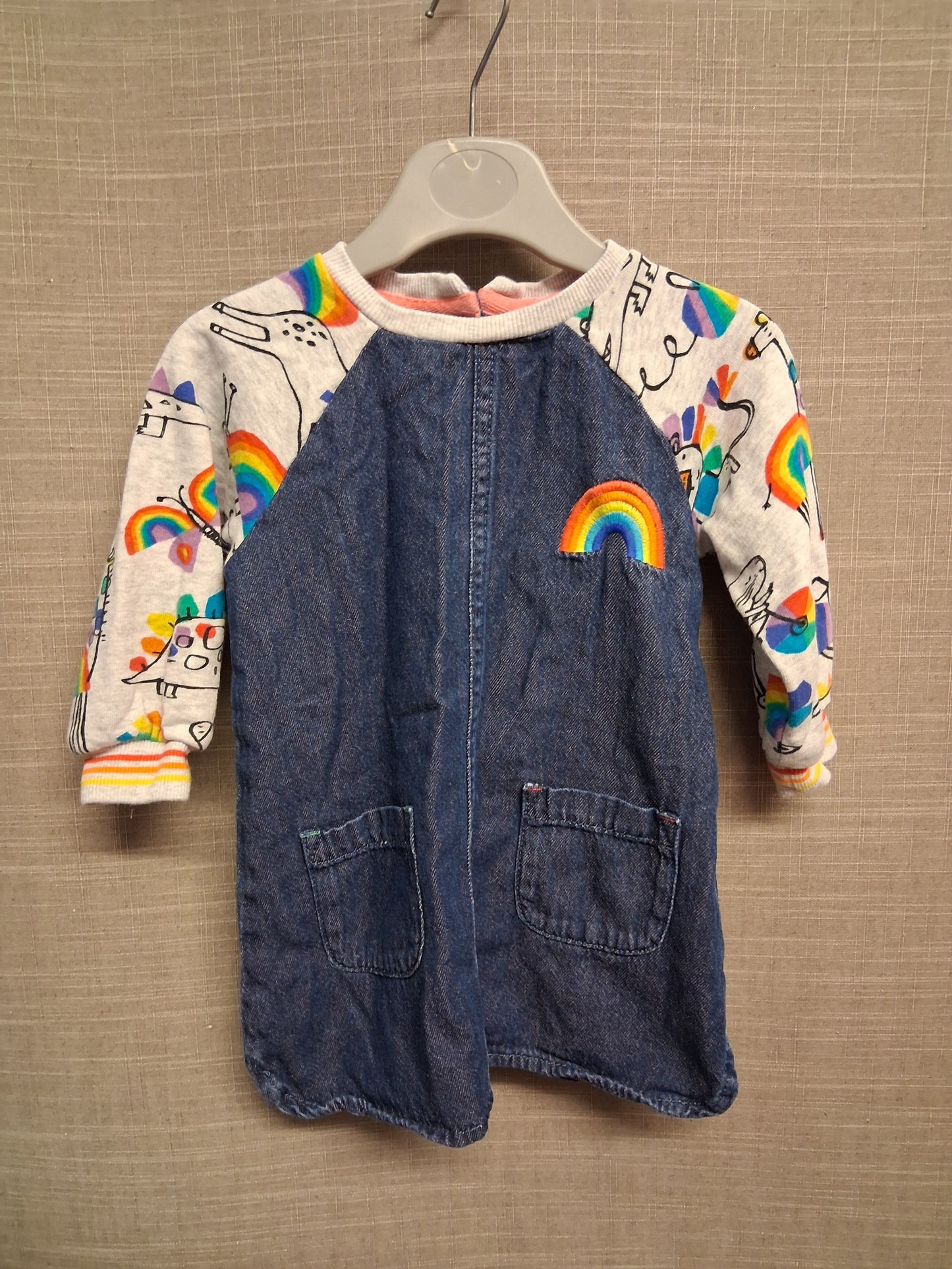 Next Girls Denim Jumper Dress Rainbow Detail Age 9-12 Months