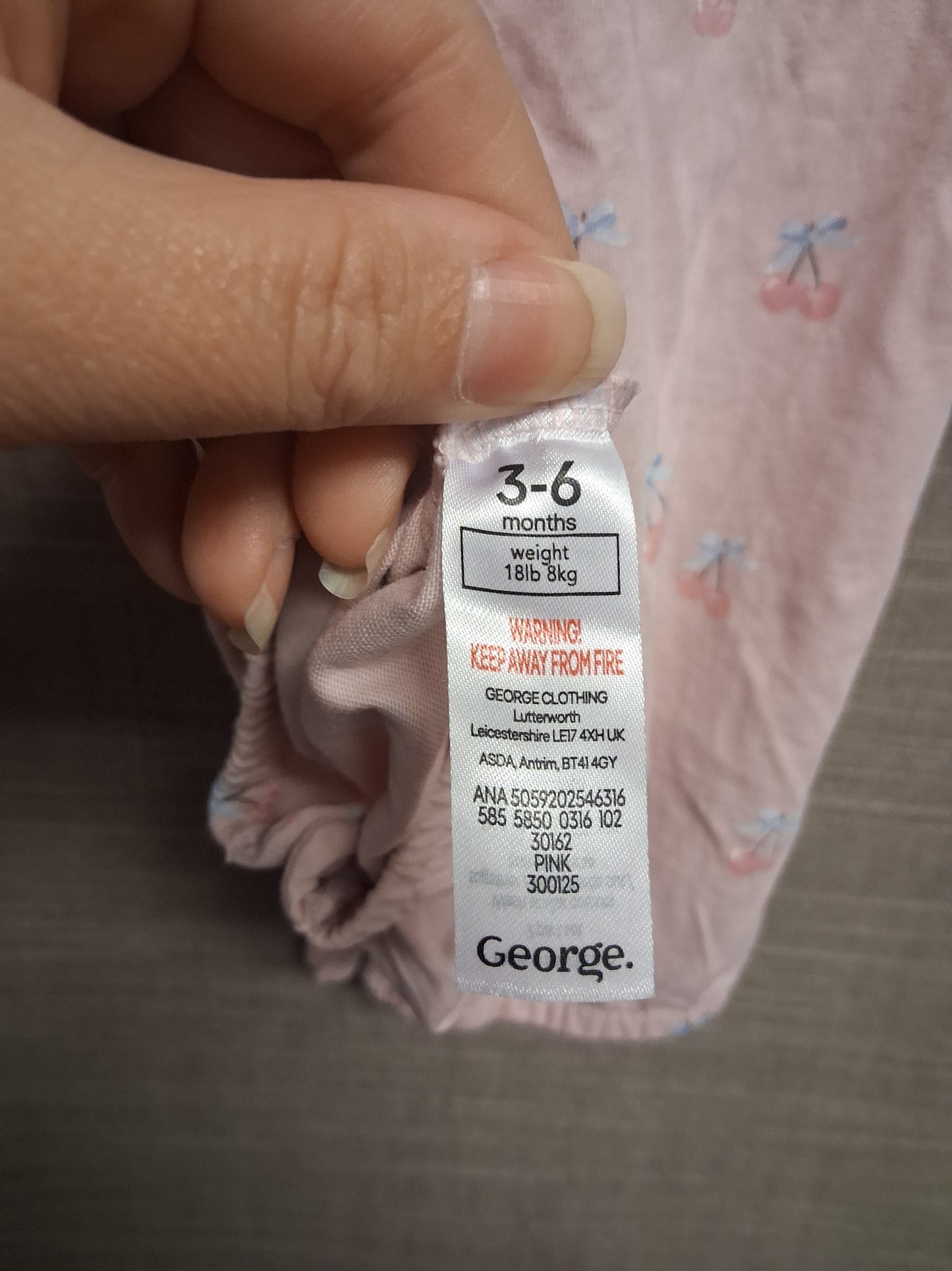 George Girls Pink One Piece Romper Cherry Print with Headband Age 3-6 Months