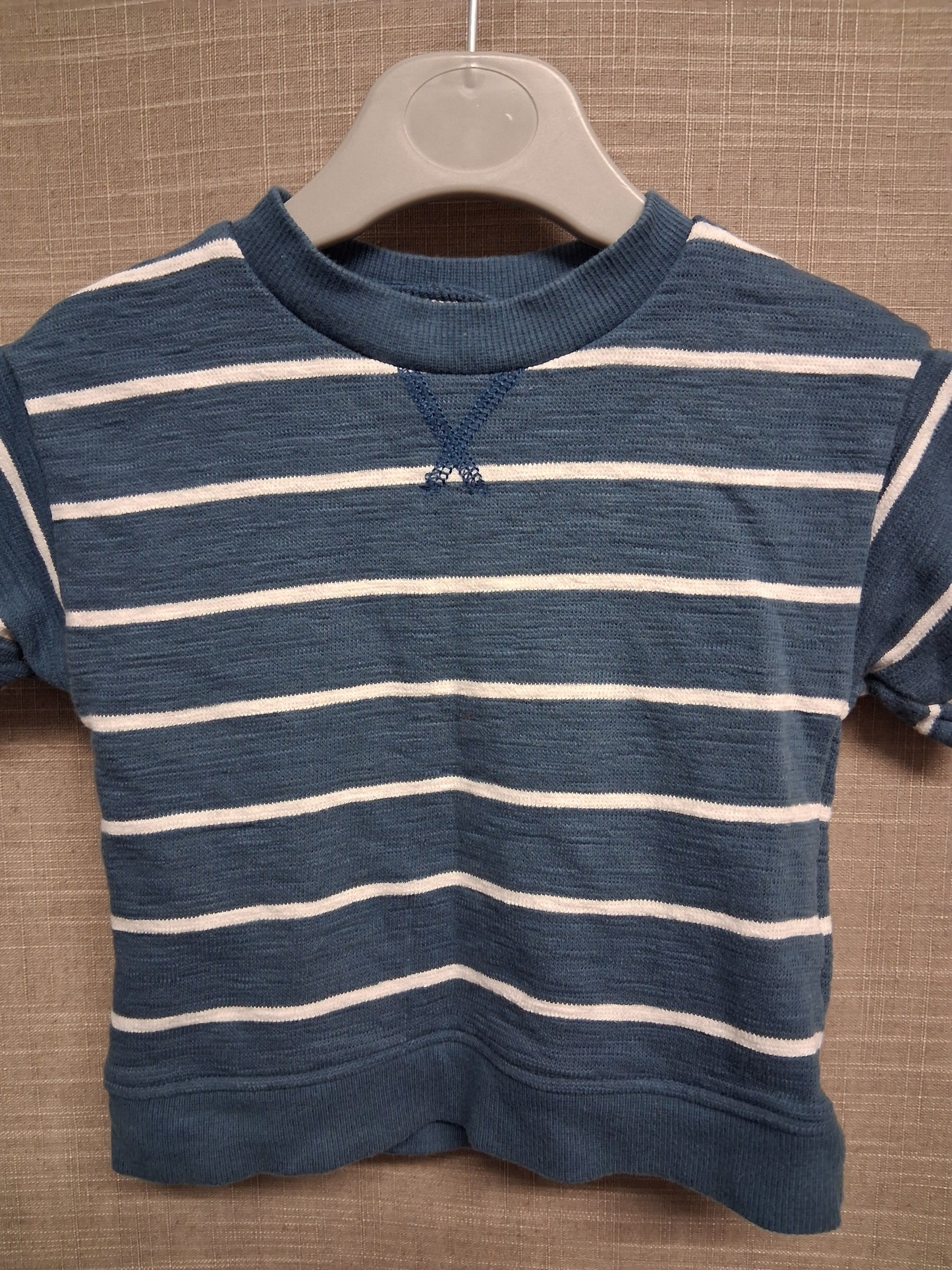 Carter's Boys Short Sleeve Sweater Jumper Blue White Stripe Age 12 Months Organic Cotton