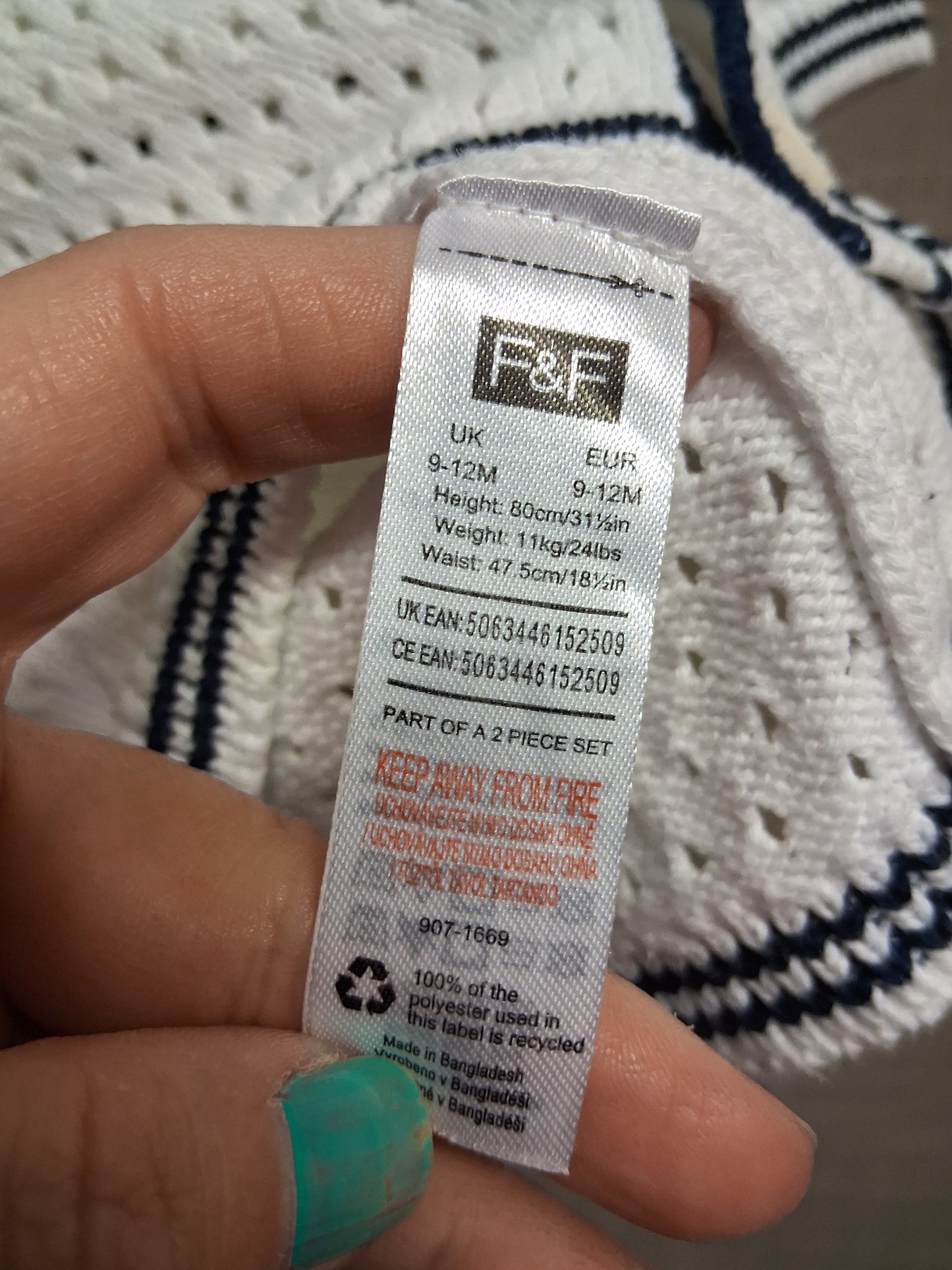 F&F Boys Short Sleeve Open Knit Button Collar Jumper Age 9-12 Months