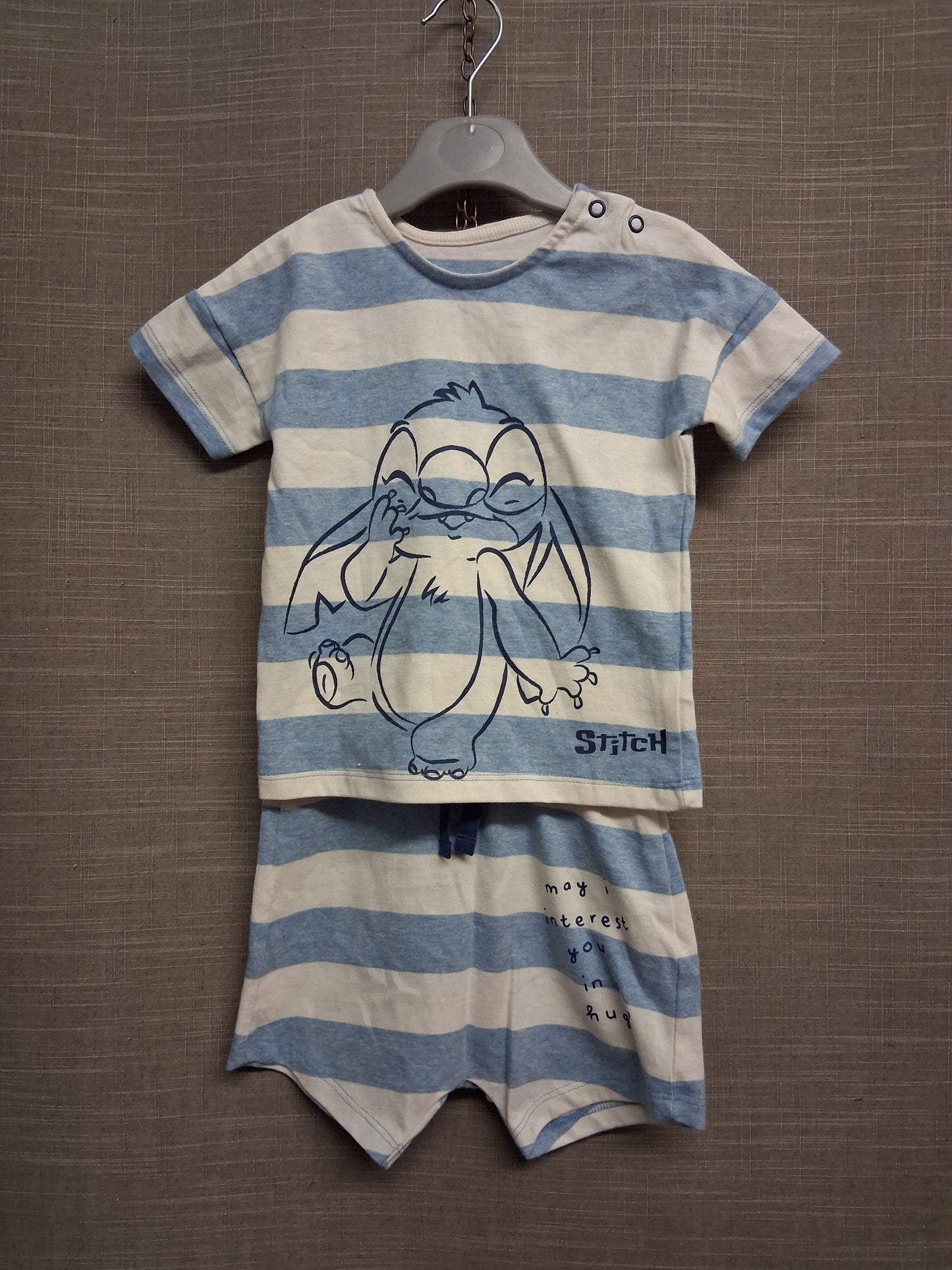 George Disney Stitch 2 Piece Outfit Blue White Striped T-Shirt & Shorts Age 9-12 Months