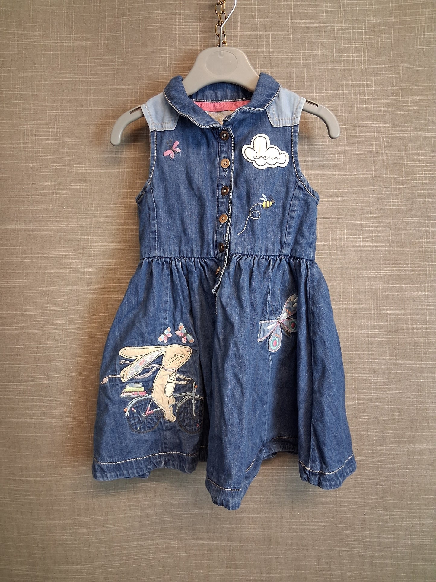 Next Girls Denim Sleeveless Dress Blue Embroidered Age 18-24 Months