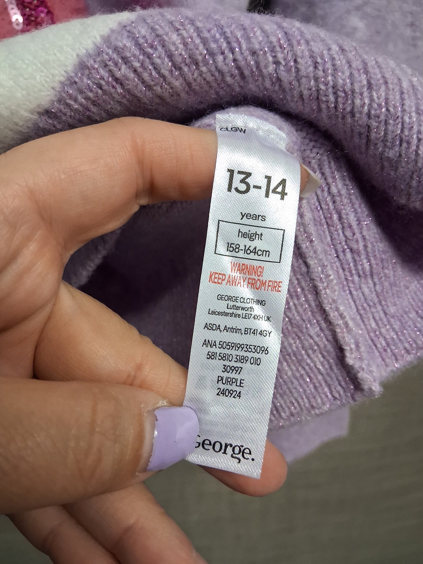 George Girls Lilac Sequin Unicorn Knitted Sweater Age 13-14 Years New