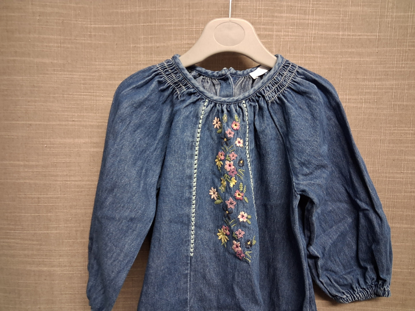 Marks & Spencer Girls Blue Denim Dress Age 2-3 Years Embroidered Floral Detail