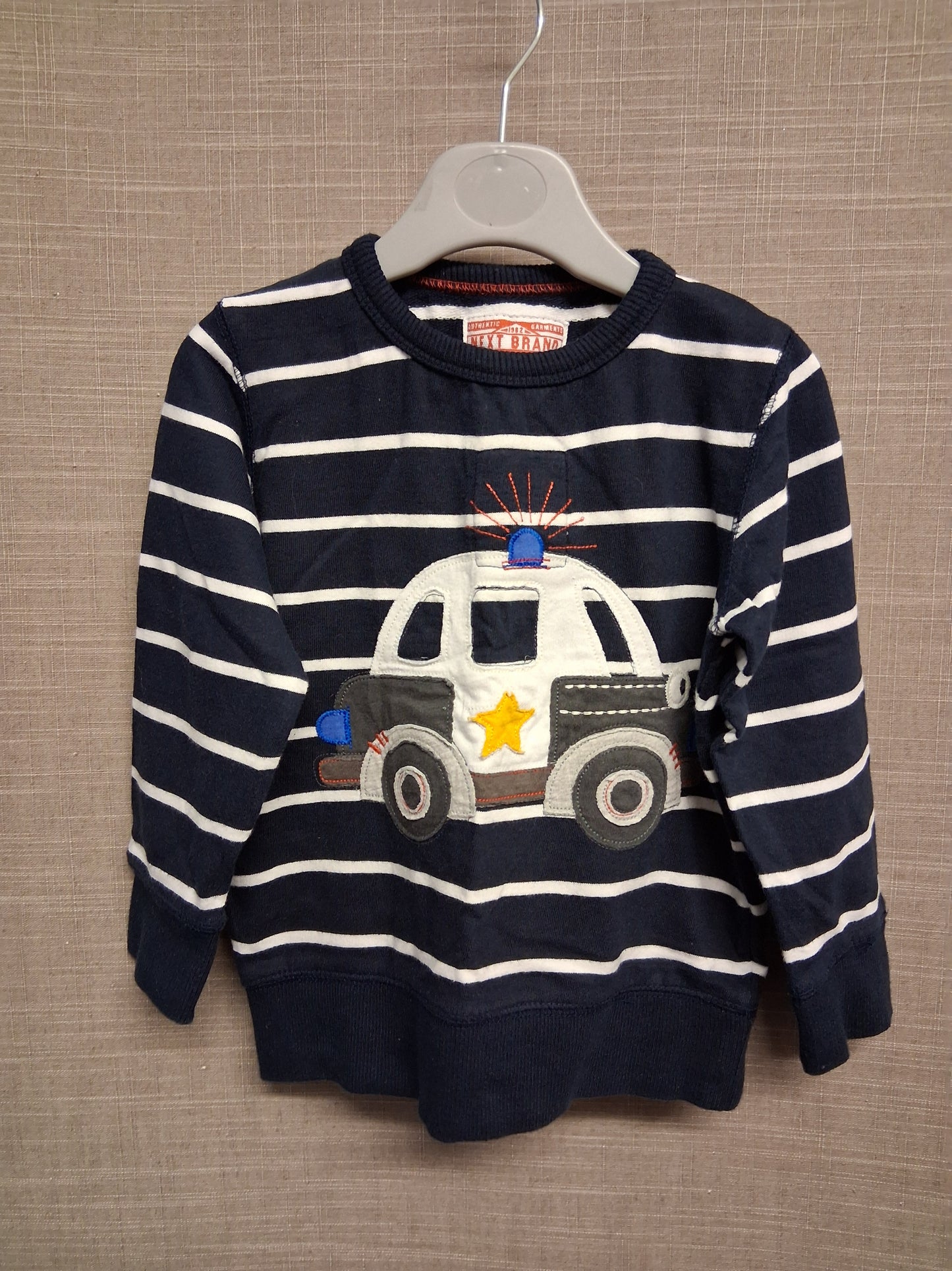Next Boys Blue Crew Neck Sweater Blue White Stripe Police Car Age 18-24 Months
