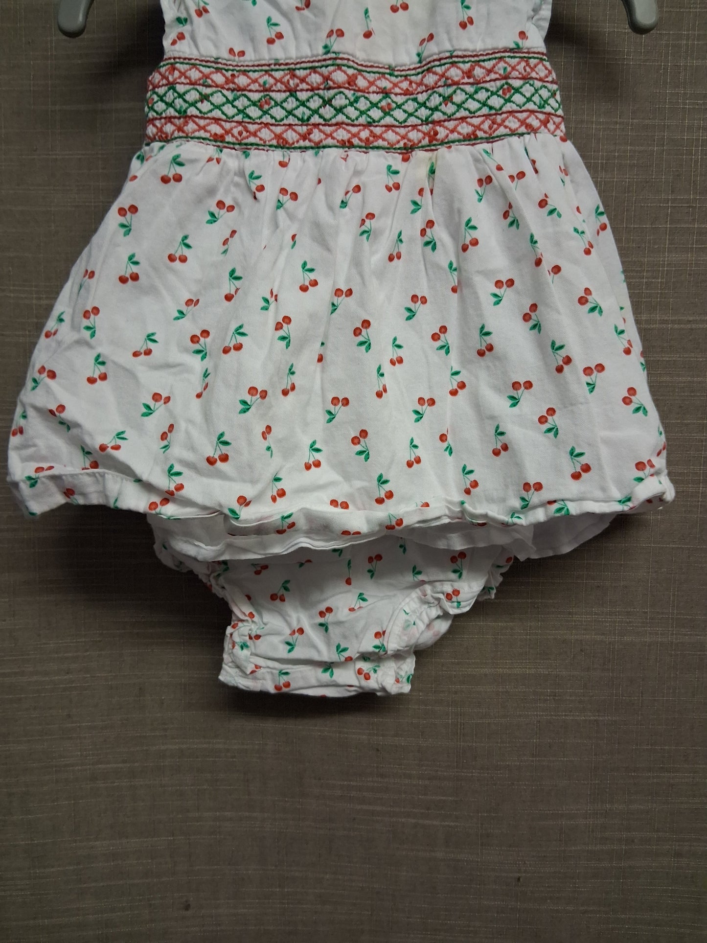 Matalan Girls White Cherry Print Smock Dress With matching briefs Age 0-3 Months